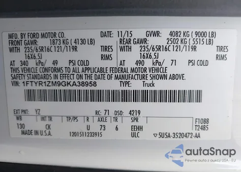 2016 Ford Transit T-250 from USA, damaged, VIN 1FTYR1ZM9GKA38958